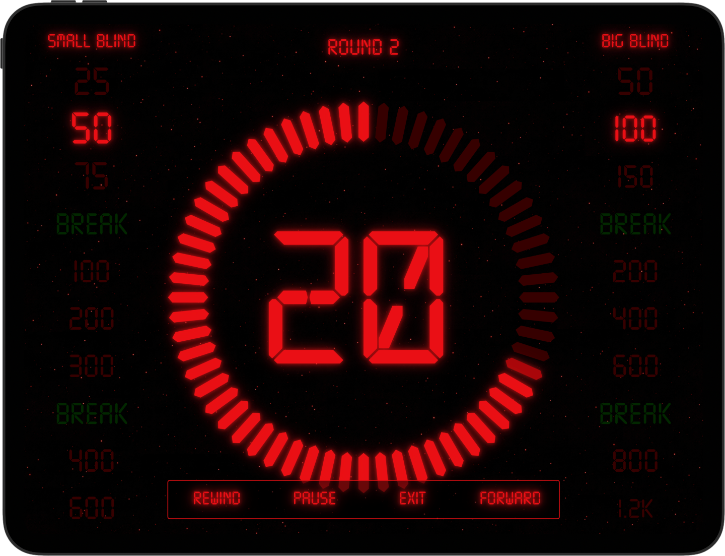Poker Clock on iPad — mid-game view showing blind schedule and animated clock face